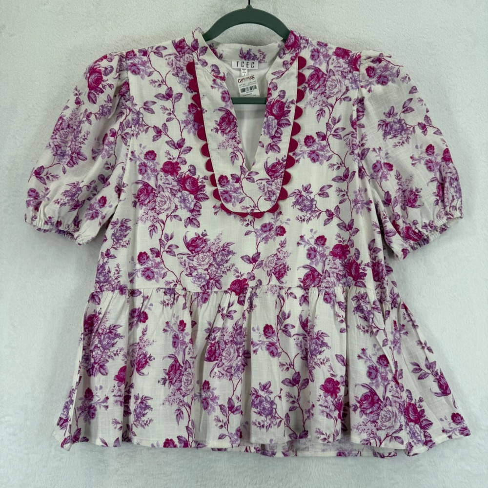TCEC White Floral Linen Blend Tiered Top Blouse Scalloped Neckline Sz L